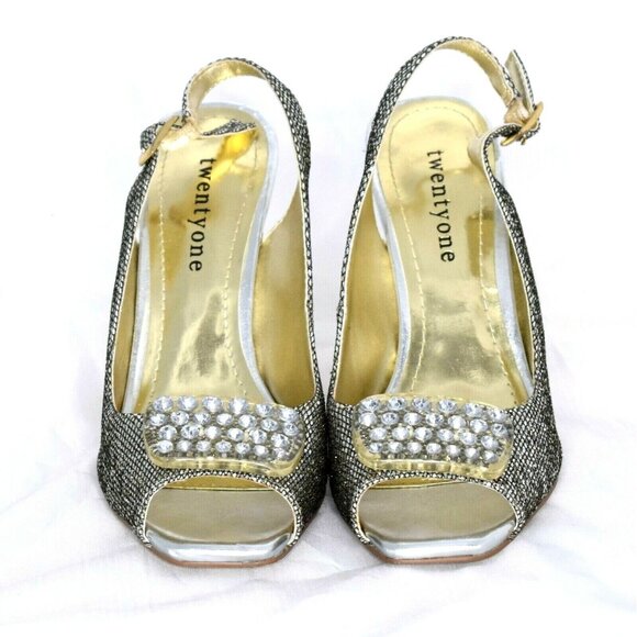 Twenty-One Womens 6 High Heels Slingback Gold Silver Rhinestones Peep Toe Shoes - Picture 2 of 11
